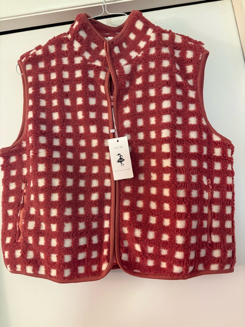 NWT-Large  Fleece Vest Side Pockets Checkered Sleeveless Zip Up Sherpa  Jacket L